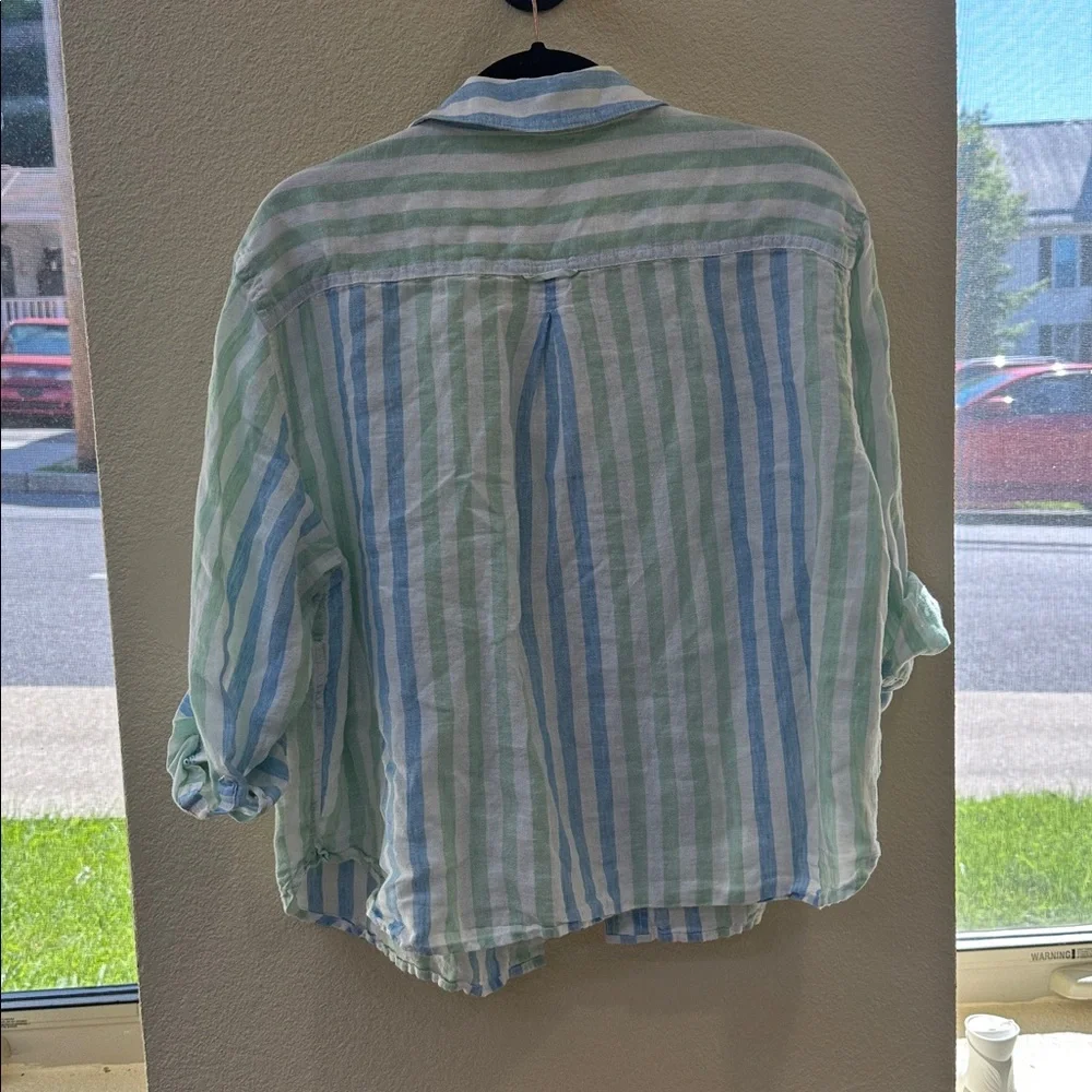 Talbots Linen Matching Set Striped Button Front Shirt & Shorts Blue Green linen